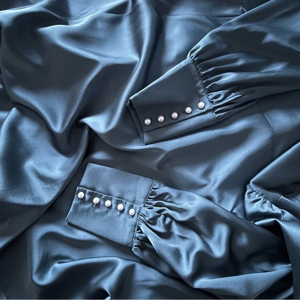 Eloquii Teal Long Sleeve Wrap Dress with pearl buttons - Picture 4 of 10